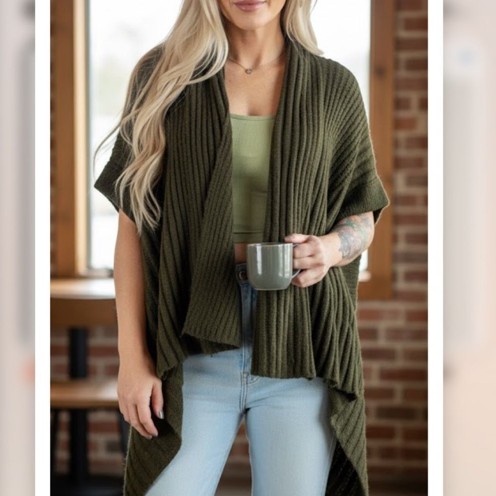 Umgee Olive Green Oversized Ribbed Knit Cardigan S/M